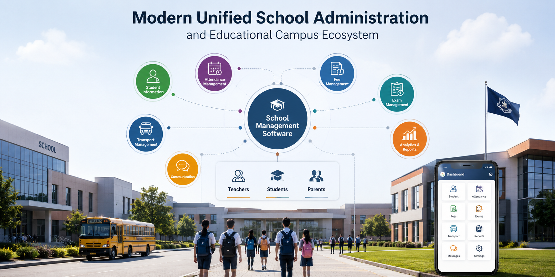 Modern Unified School Administration and Educational Campus Ecosystem Diagram