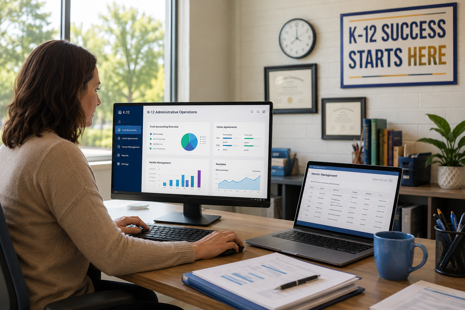 High-tech operational infographic showcasing K-12 administrative workflows, including fund accounting, union agreements, and vendor management.
