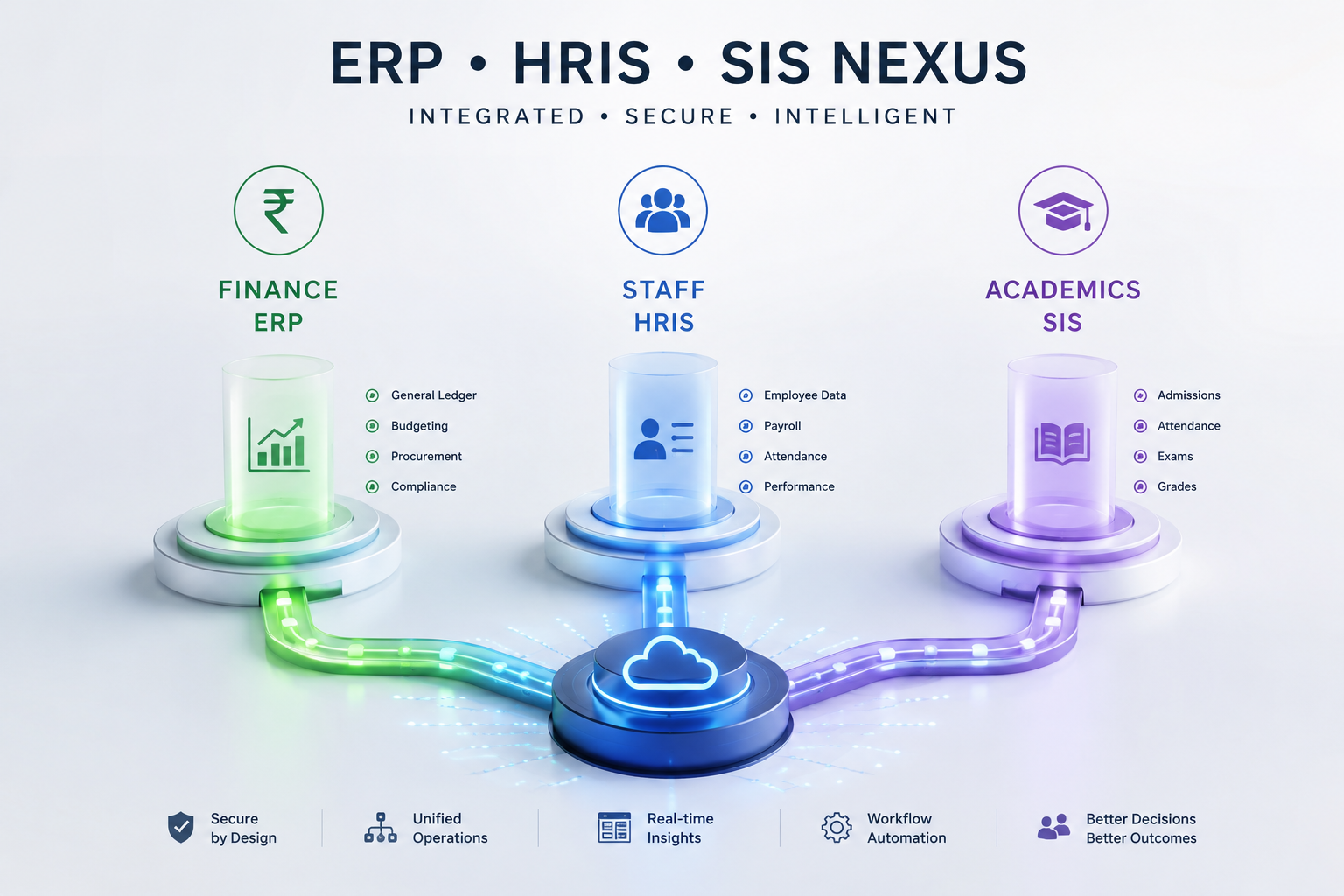 Sleek architectural diagram showing the digital integration pipelines connecting Finance (ERP), Staff (HRIS), and Academics (SIS).