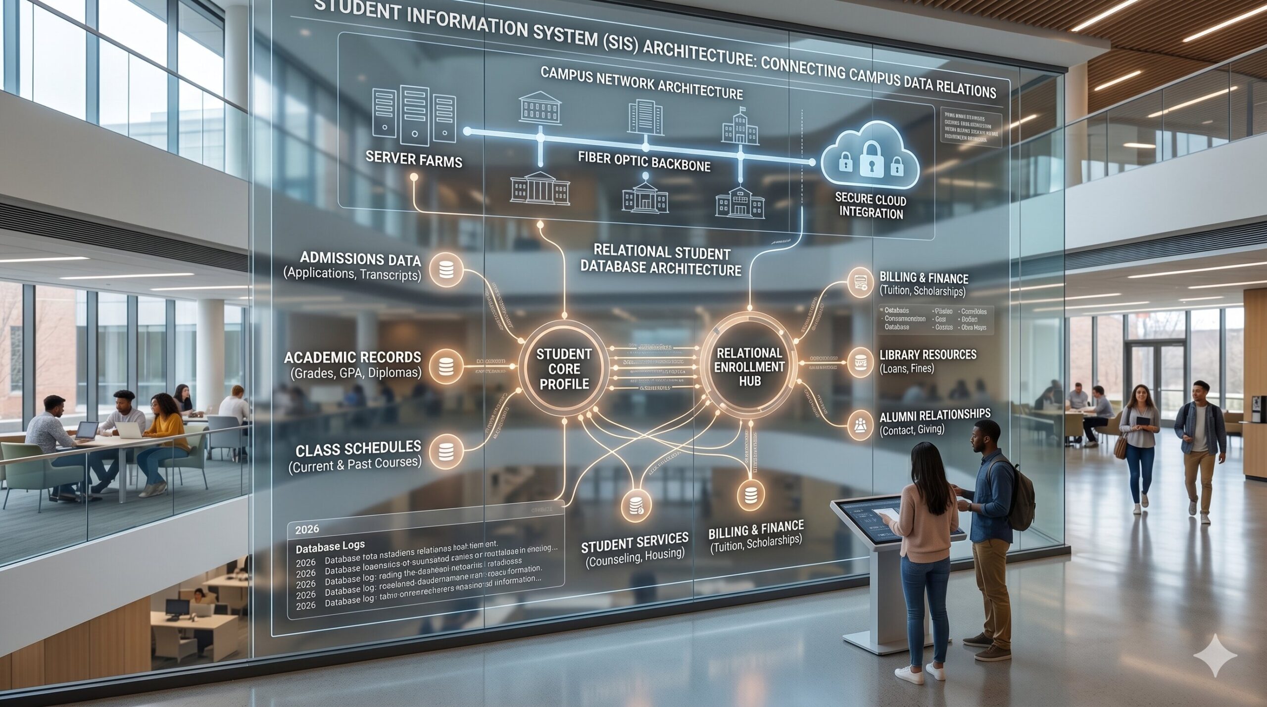 Comprehensive Educational Campus Network and Relational Student Database Architecture Diagram