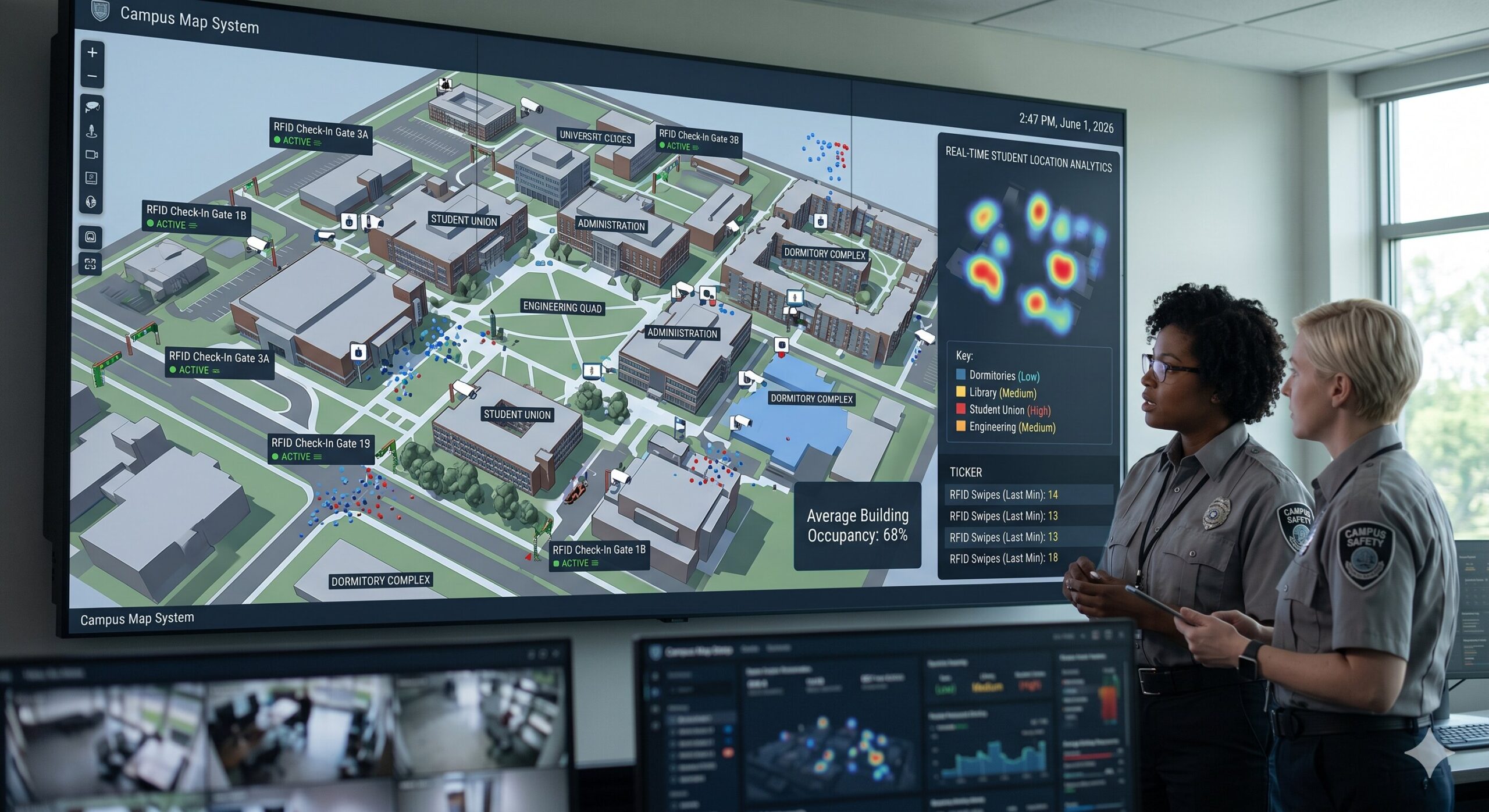 Comprehensive Campus Map Illustrating Sensor Locations, RFID Check-In Gates, and Real-Time Student Location Analytics