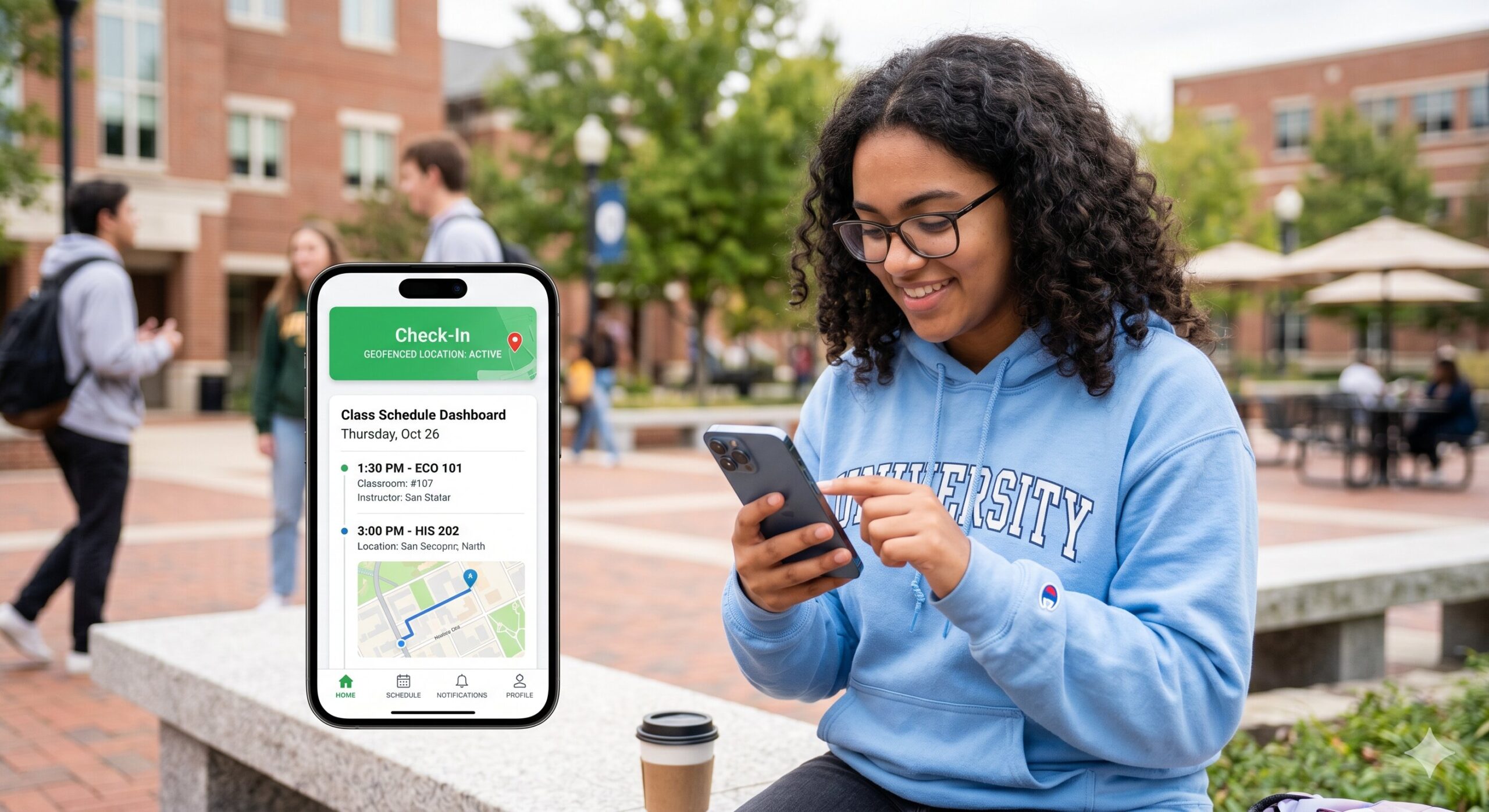 Mobile Student Application User Interface Mockup Illustrating Geofenced Attendance Check-In and Class Schedule Dashboard