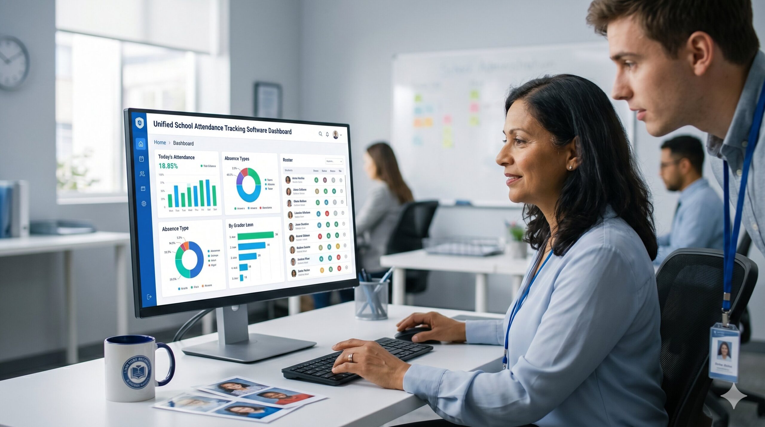 Unified School Attendance Tracking Software Dashboard showing Real-Time Attendance Statistics and Roster Visualizations
